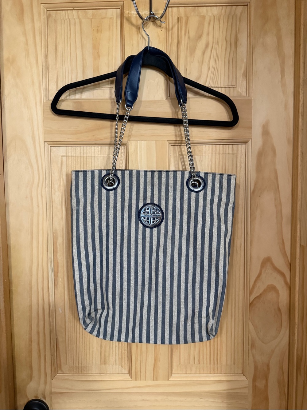 Kate Landry Navy Blue & White Striped Tote Bag with Chain Strap